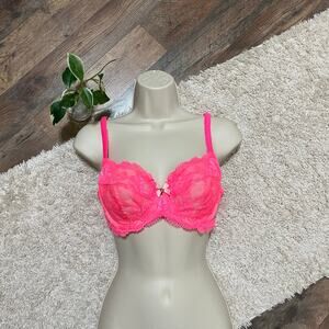 Victoria's Secret 34D Hot Pink Lace Scalloped Unlined Underwire Demi Bra